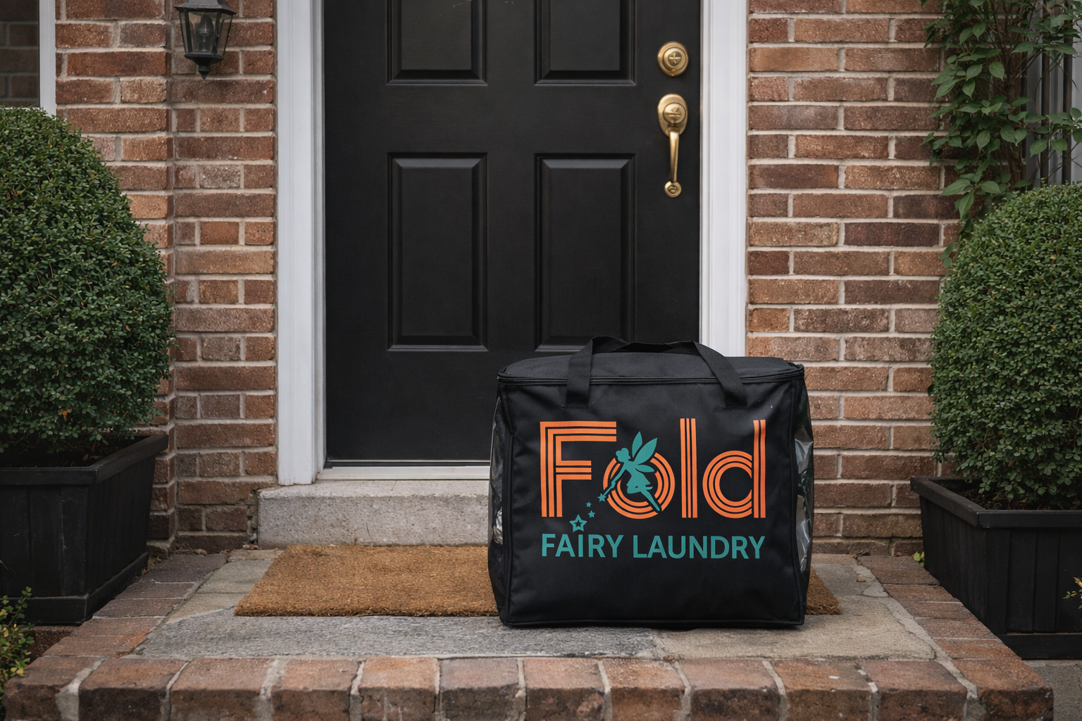 Fold Fairy laundry bags ready at a front door for pickup